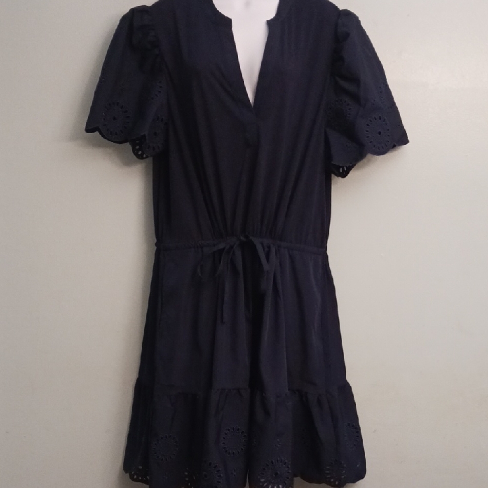 Modern Works size 2X women's  eyelet dark navy blue dress with pockets.